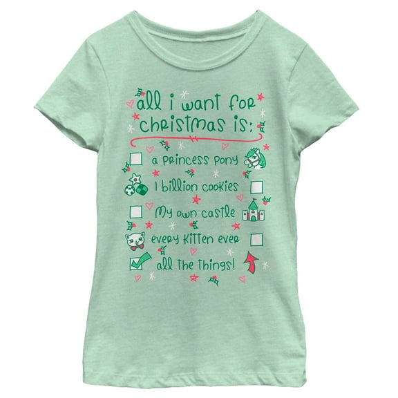Girl's Lost Gods Christmas I want All the Things  Graphic Tee Mint Small