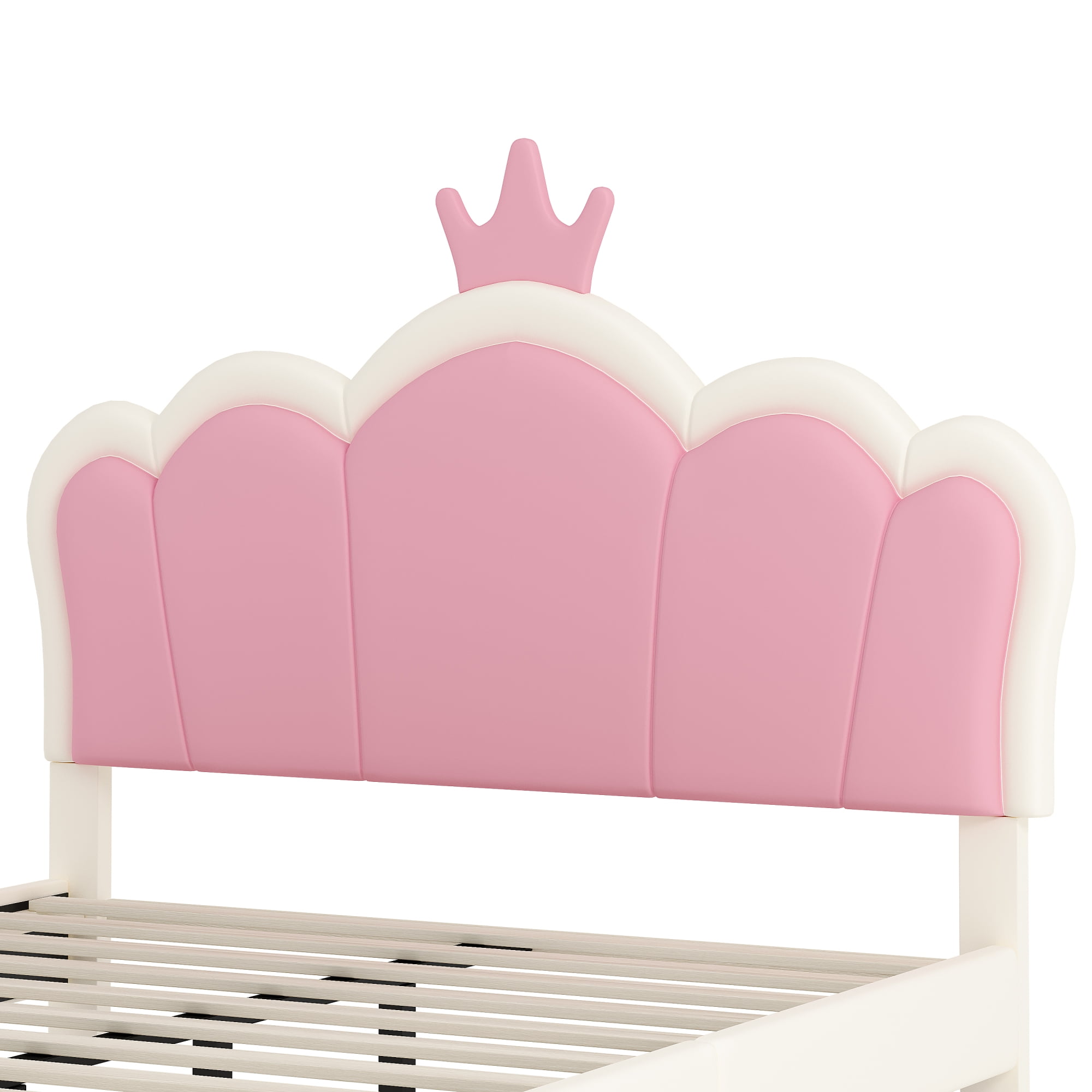 Jopath Full Size Upholstered Bed, Princess Platform Bed with Headboard, Crown Headboard Design for Toddler Kids Teens Cream 1
