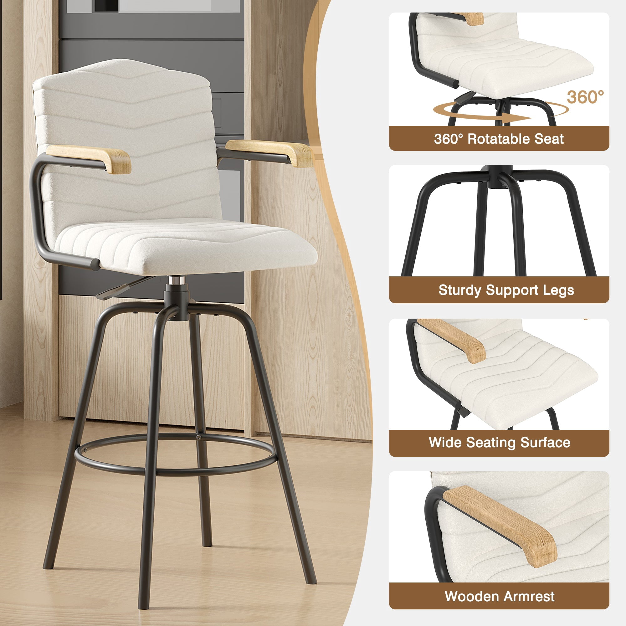 VECELO Set of 4 Counter Height Swivel Bar Stools with Back and Armrest, Modern Velvet Upholstered Bar Chairs for Kitchen Island, Steel Stool Frame, Beige