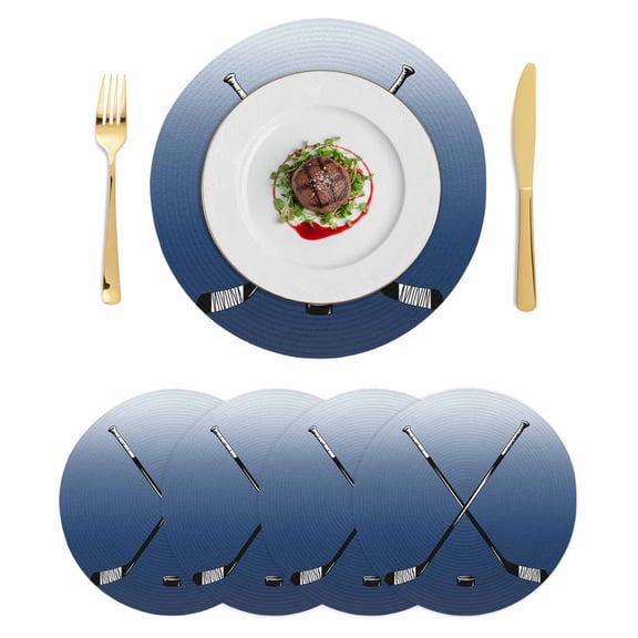 Navy Blue Ombre Round 15 Inch Placemats Set of 4, Black Hockey Sticks Minimalist Style HeatResistant Non Slip Place Mats for Dining Table, Wipeable Braided Kitchen Table Mats for Housewarming