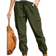 Noilla Women Plus Size Pockets Cargo Pants High Waist Drawstring Long Pants Plain Color Casual Joggers Pants