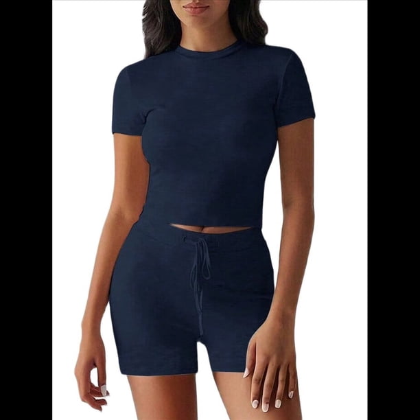 Conjuntos de Chándal de Dos Piezas de Verano para Mujer con Pantalones Cortos Ajustados Azul Marino L