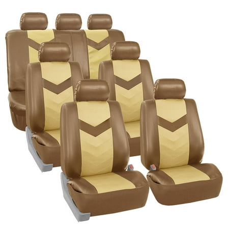 FH Group Faux Leather Synthetic Leather Auto Seat Cover, 7 Seater SUV VAN Full Set, Beige and