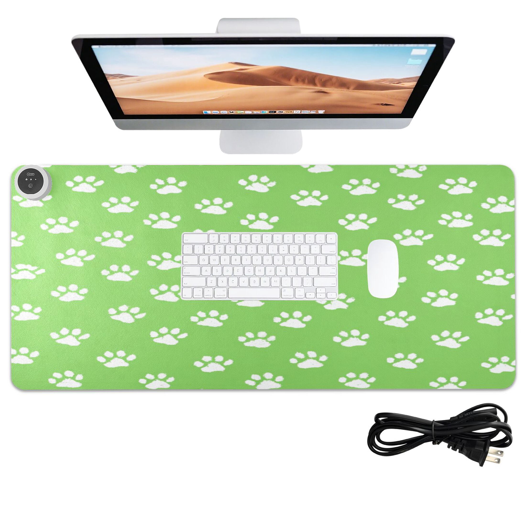 Large Heated Desk Mat Mouse Pad 31.5"x13"PU Leather Graphene Heating Desk Warmer with 3 Temperature Settings 110V US Plug Non-Slip Warm Pad for Home, Office, and Gaming Green Paw Print Pattern