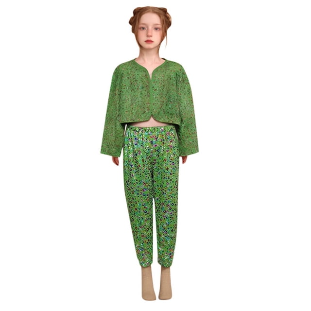 WERYOUNG Pantalon de Performance Filles Garçons Été Décontracté Scintillant à Paillettes Léopard Imprimé Extensible Taille Élastique Jambe Droite Pantalon Bébé Polyvalent Mode Urbaine, Vert, 7-8 Ans