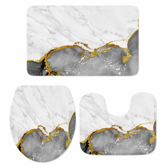 Gray Gold Marble Bath Mat 3 Piece Bathroom Rug Set, Modern Abstract Marble Crack Texture Non Slip Bath Rug Contour Mat and Toilet Lid Cover, Absorbent Shower Mats Soft Bath Rugs and Mats Sets