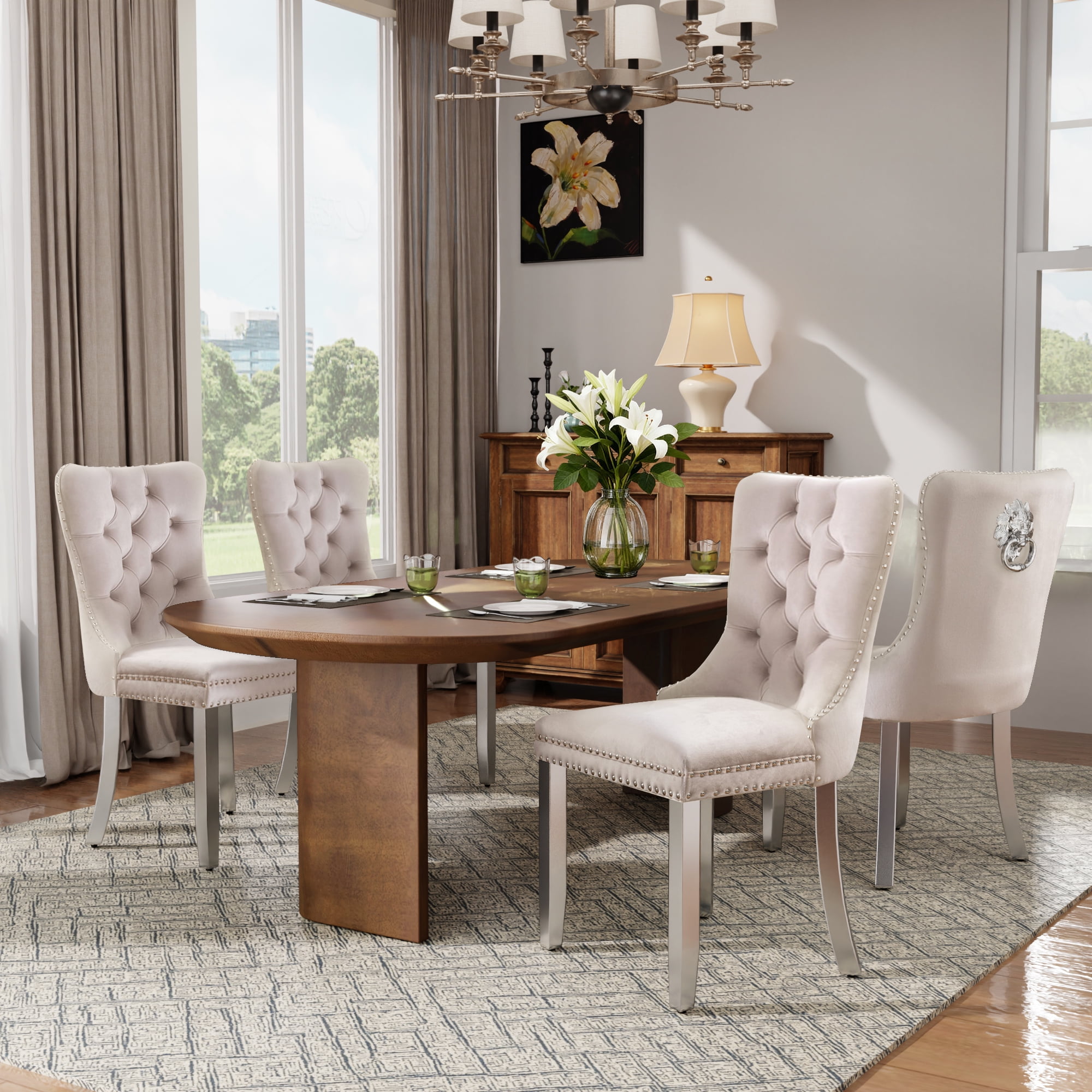 DONICK Velvet Upholstered Dining Chairs,Wing Back Side Chair Tuft Nailhead Ring Pull Metal Legs(Beige,Silver Legs,Set of 2)