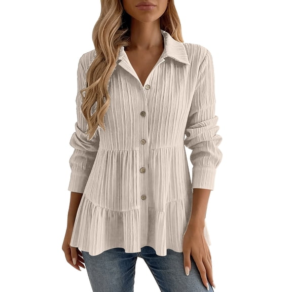 Uaswgudfs Women's Long Sleeve Polo Collar Button Down Shirt with Ruffled Hem, Casual Loose Fit for Fall, Lightweight Basic Shirt Beige 3XL
