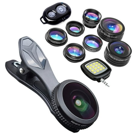 KobraTech 9 in 1 Cell Phone Lens Kit - Super Wide Angle Lens, Kaleidoscope Lens, Macro Lens, Fisheye Lens, Telephoto Lens, CPL & Wide Angle iPhone Lens + Bluetooth Remote Shutter & LED