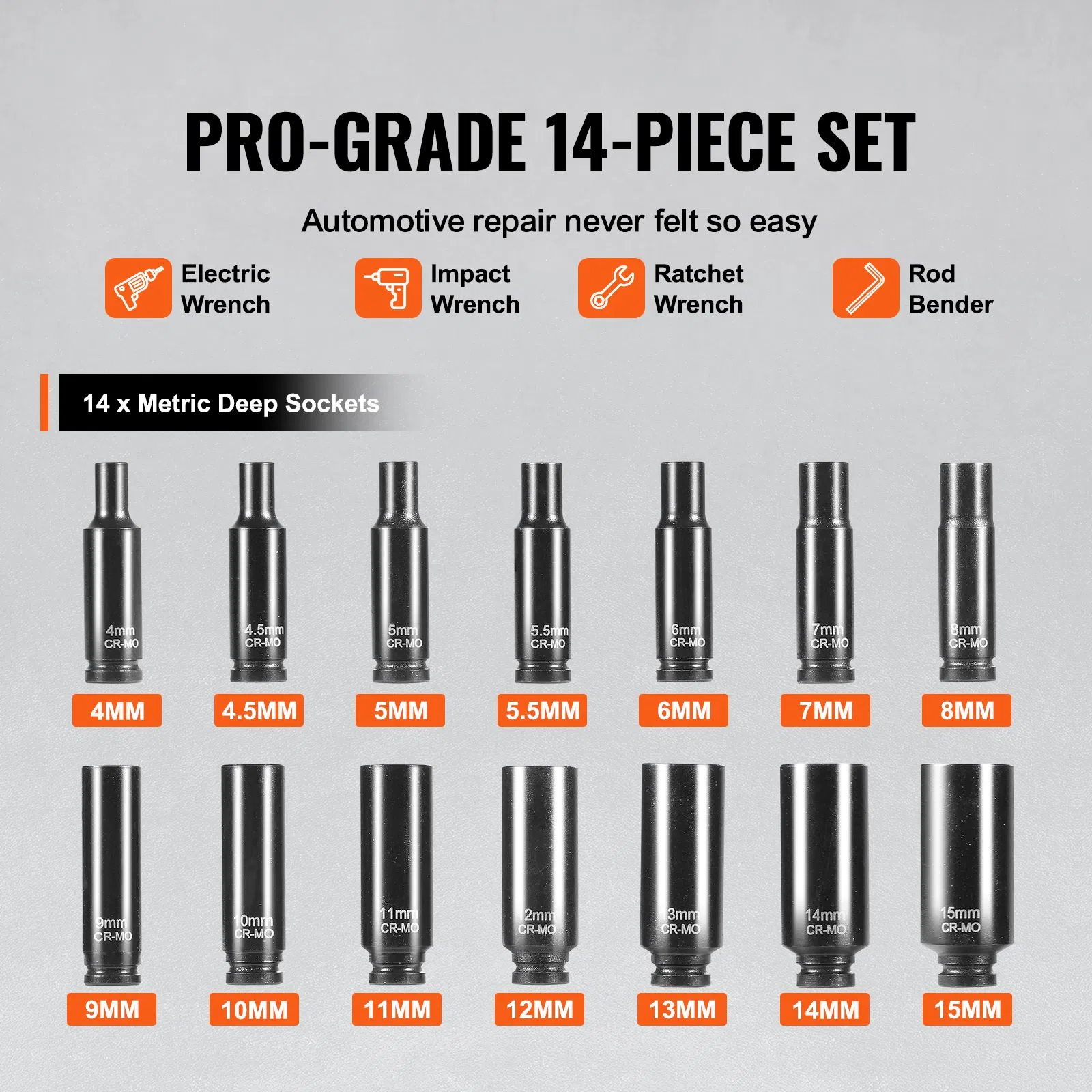 14-Piece Deep Impact Socket Set 1/4" Drive Metric 4-15mm,Durable Cr-Mo Alloy Steel,6 Point Design with Easy Size Markings and Organizer for Auto Repair