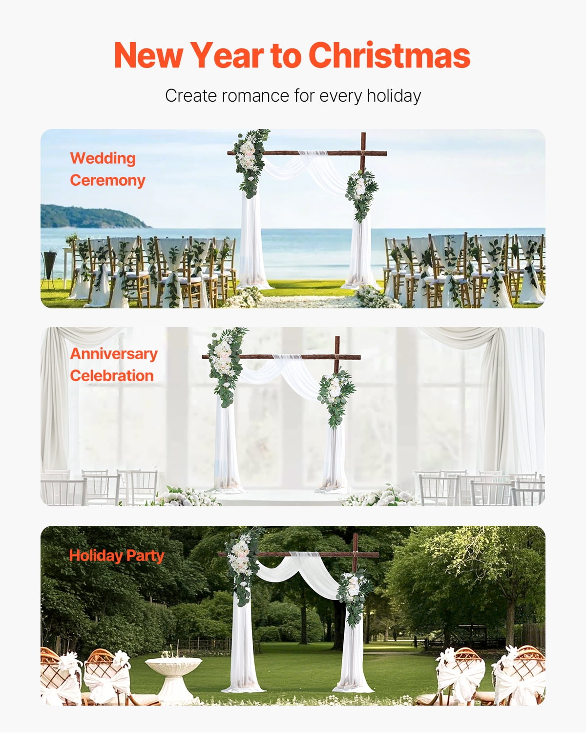 VEVOR Artificial Wedding Arch Flowers Kit, White Wedding Arch Flowers with Drapes Kit (Pack of 4) - 2 Pcs Floral Arrangement, 2 Pcs Sheer Drapes, for Ceremony Bouquets Reception Backdrop Decoration