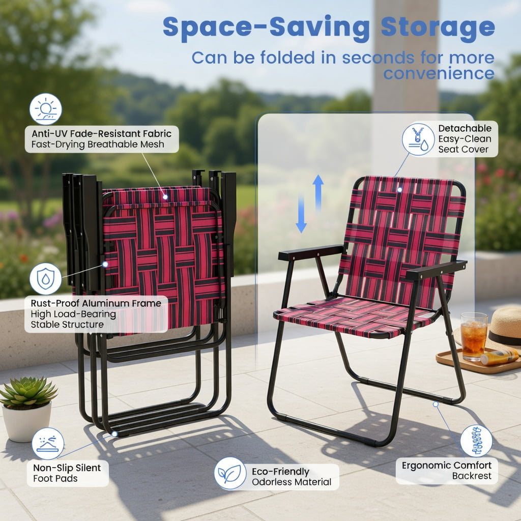 Hommoo 4-Pack Foldable Beach Chairs for Camping, Lawn & Outdoor Use, Heavy-Duty Steel Frame, Fade-Resistant PE Webbing, Portable & Easy Setup, Red