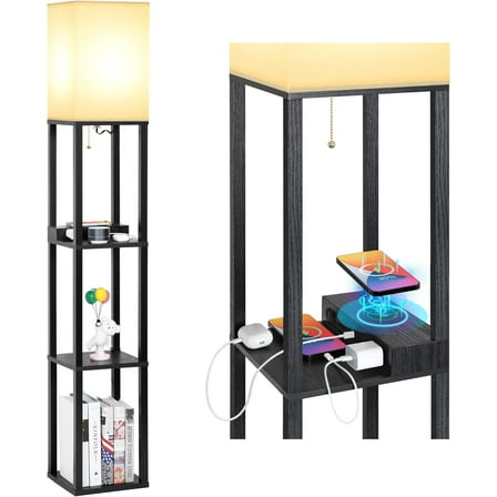 Modern Shelf Floor Lamp with Wireless Charger & Fast Charging USB Ports & Type C Port & 2 Power Outlets,3 Tier Storage Lamp for Bedroom,Black