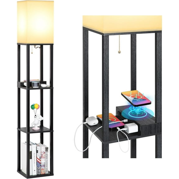 Modern Shelf Floor Lamp with Wireless Charger & Fast Charging USB Ports & Type C Port & 2 Power Outlets,3 Tier Storage Lamp for Bedroom,Black