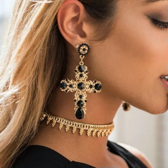 HOOUN Black Cross Earrings Dangle Drop Gold Tone Long Fashion Baroque Bohemian Style
