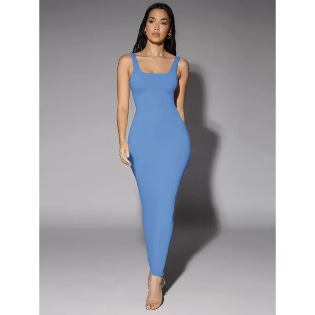 Vestido Largo Elegante Neblina Azul Cuello Cuadrado Sin Mangas Ajustado