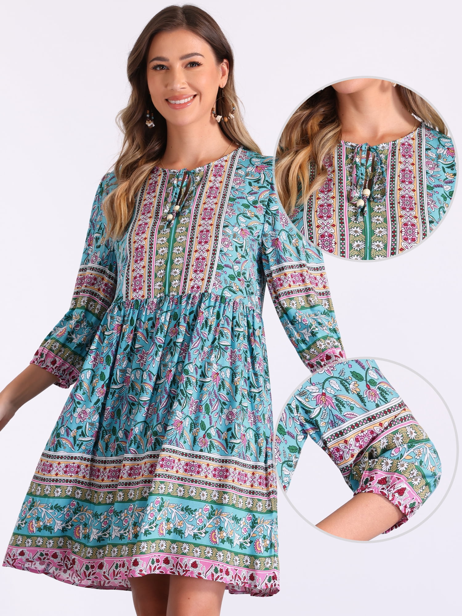DARING DIVA Boho Floral 3/4 Sleeve Flowy Babydoll Short Dress L Blue