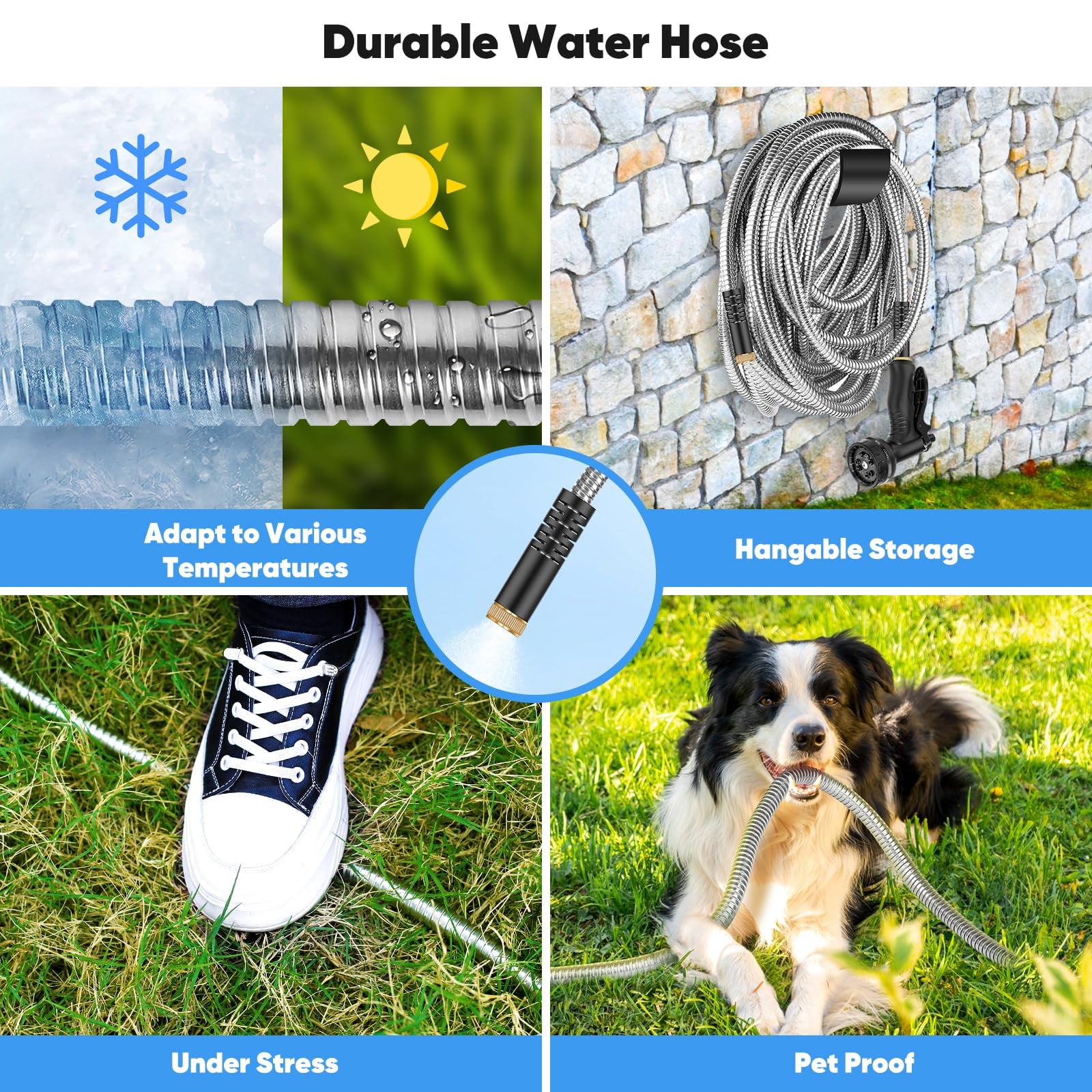 Garden Hose 50 ft, Heavy Duty Garden Hose Stainless Steel Metal Garden Hose, No Kinks, Lightweight, Puncture Proof, Flexible Outdoor Hose with 10 Function Nozzle for Yard & Car Washing