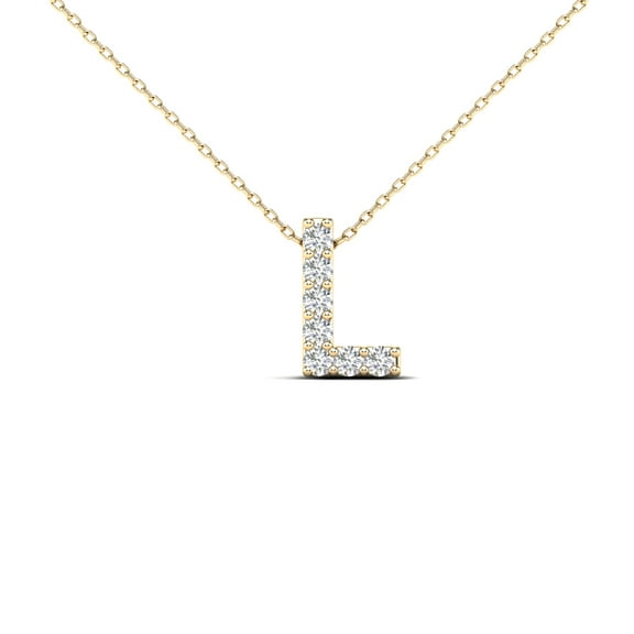 0.07 Carat Natural White Diamond Initial "L" Pendant Necklace In 14K Yellow and White Gold with 18" Gold Cable Chain|Silver Chain