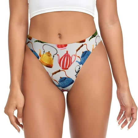 Qokaie Watercolor Teapots Printed Women s Cotton Thong Underwear  Sexy Breathable Panties G-string-Medium