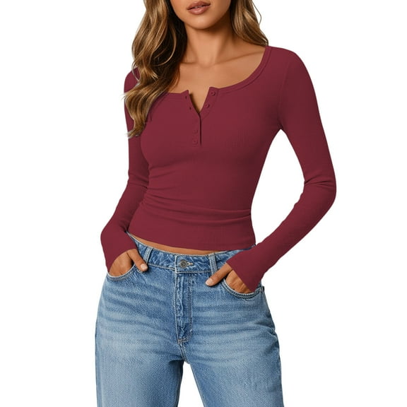 Kaemgyyd Long Sleeve Thermal Shirt for Women Stretch Slim Fit Tops Button Crew Neck Ruched Basic T-Shirts Fall Going out Tee