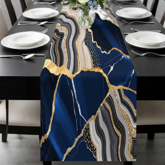 Blue Marble Table Runner 120 Inches Long, Grey Gold Texture Vintage Farmhouse Art Kitchen Coffee Dining Table Decoration for Home Party Birthday Wedding Home Decor 13x120 Inches