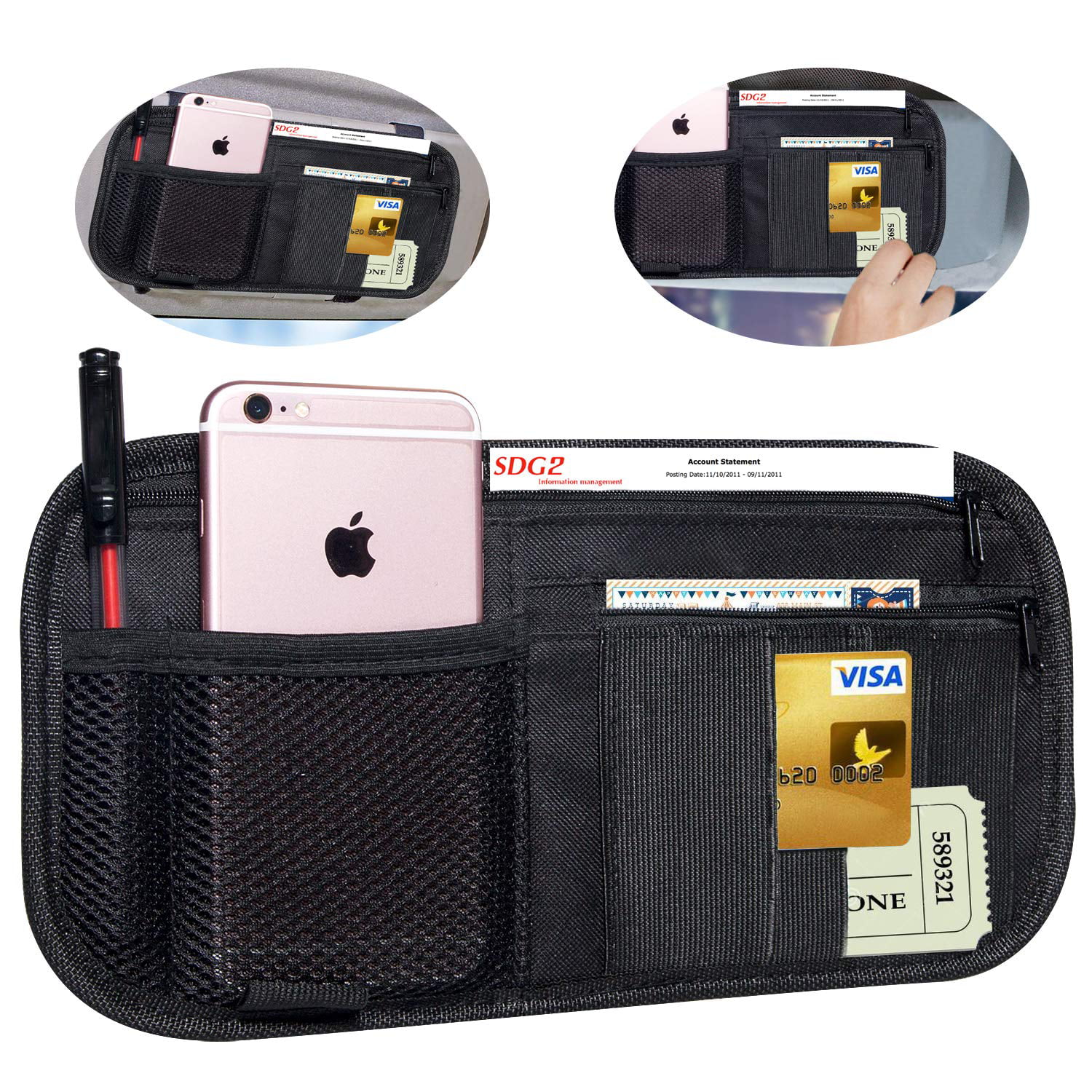 ENINFUT Car Sun Visor Organizer PU Leather Auto Interior Accessories Pocket Organizer with Multi-Pocket with Zipper Net Gray 