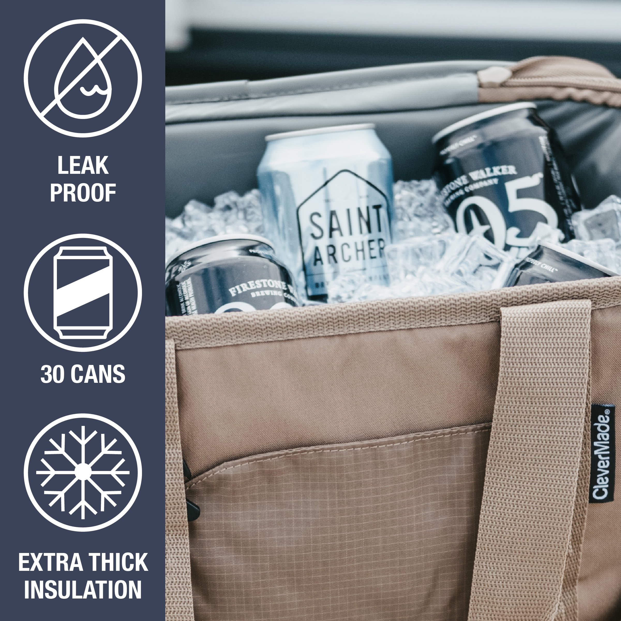 CleverMade 30 Can Soft-Sided Collapsible Insulated Cooler, Ocean/Cognac