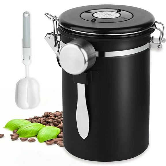 Aovky Coffee Canister, Airtight 22OZ Stainless Steel Coffee Container with Date Tracker & Measuring Scoop, Kitchen Food Storage Jar for for Coffee Beans, Grounds, Tea, Sugar, Cereal, Black