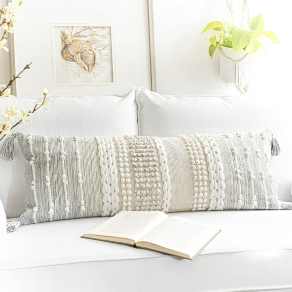 BlissBlush Gray Decorative Lumbar Pillow Cover 14x36, Boho Long Throw Pillow for Bed, Accent Lumbar Throw Pillow Case, Modern Farmhouse Textured Lumbar Cushion (Cover ONLY)