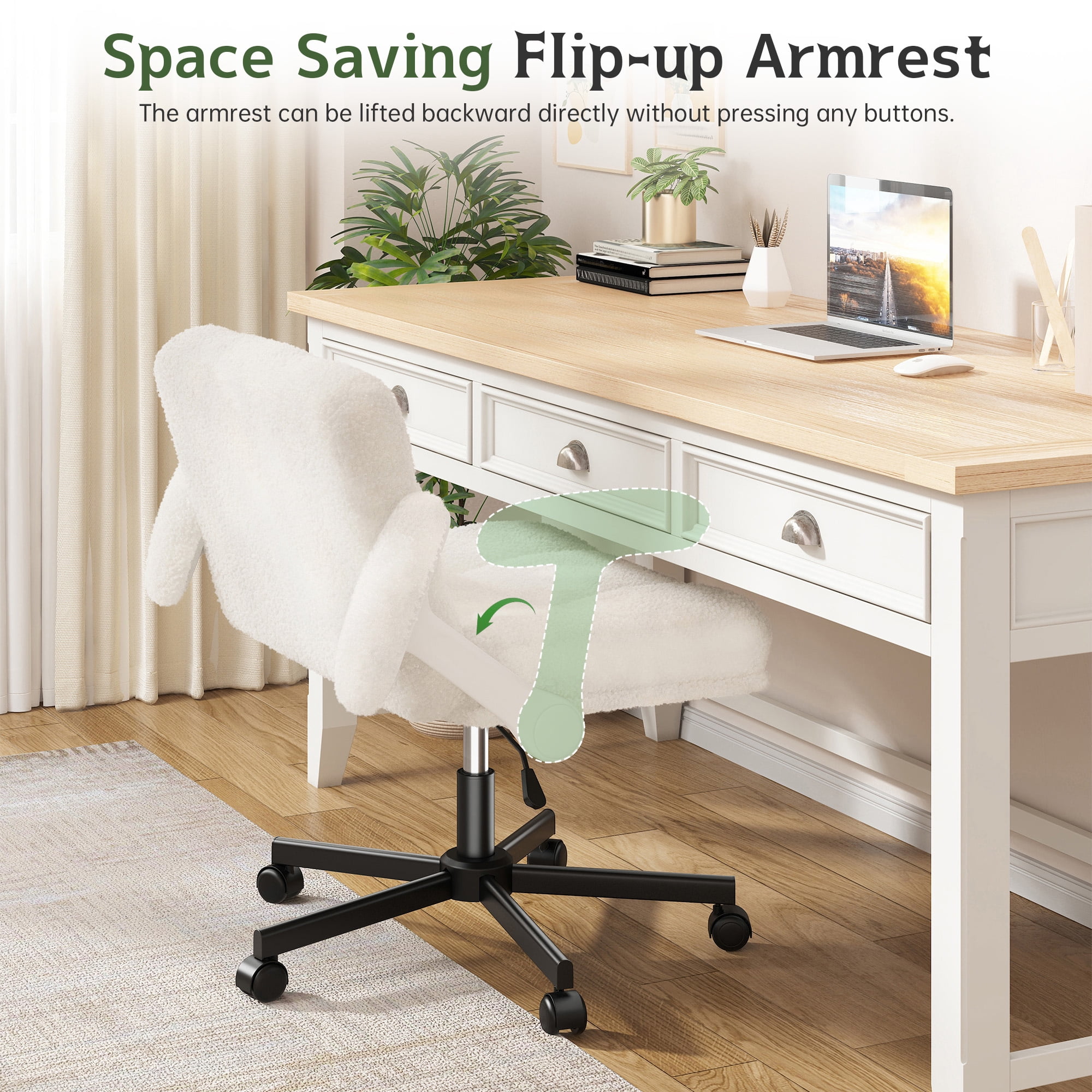 Romorgniz Criss Cross Chair with Flip-up Arms & Wheels Desk Chair with Adjustable Height & Teddy Plush Fabric for Bedroom, Home Office Desk, Vanity, Light Beige