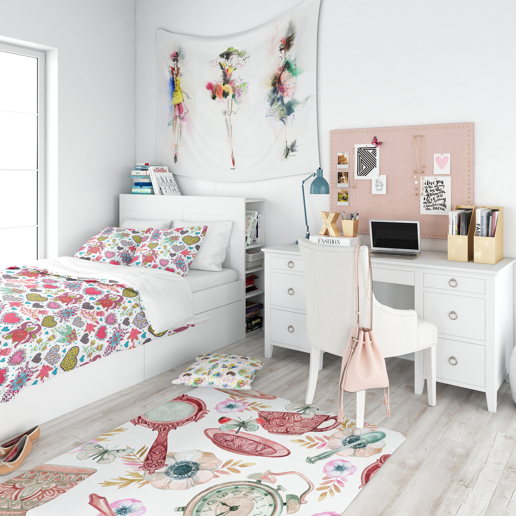 Designart 'Beautiful Flowers & Hearts Pattern' Modern kids Teen Duvet Cover Set