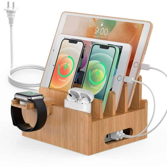 Pezin & Hulin Station de Charge en Bambou pour Plusieurs Appareils avec Chargeur USB 5 Ports, 5 Câbles, Support pour Montre Intelligente et Écouteurs, Stations d'Accueil de Bureau