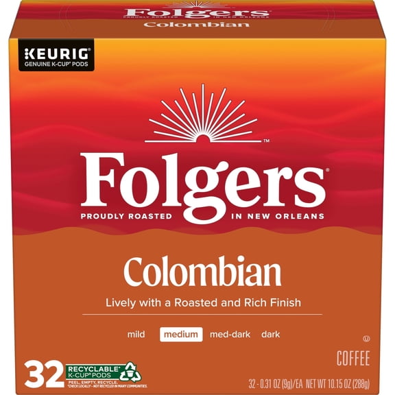 Folgers Colombian Coffee, Medium Roast, Keurig K Cup Pods, 32 Count Box