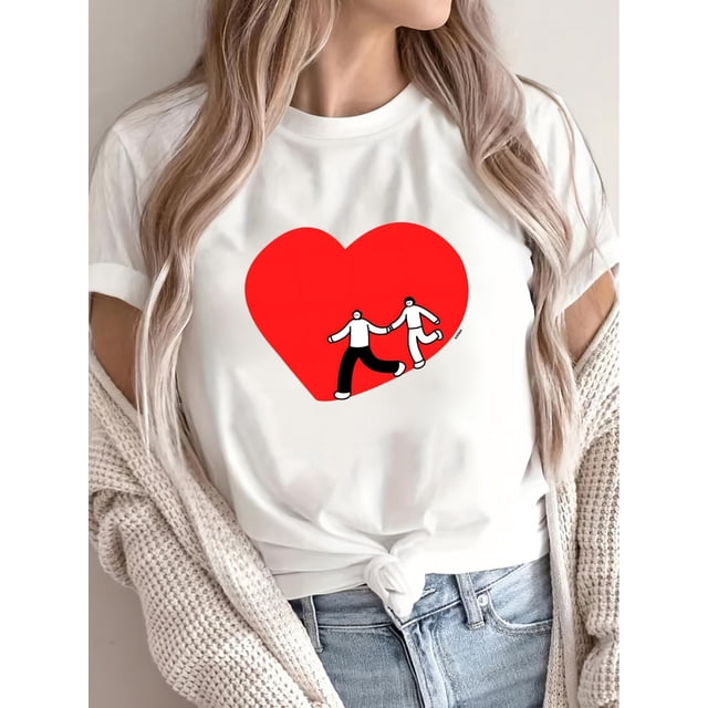 Valentine's Day Love Heart Couple Print T-Shirt - Casual Crew Neck, Short Sleeve Top for Women, Soft Tee For Adult, Men, Women, Teen, Teenager, Adolescent, Youth