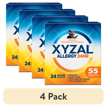 (4 pack) Xyzal 24 Hour Allergy Relief Medicine, Original Prescription Strength Antihistamine, Levocetirizine Dihydrochloride Tablets 5 mg, 55 Count