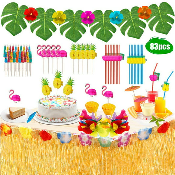 Tropical Luau Party Decoration, 83pcs Hawaiian Beach Theme Party Favors Including Hawaiian Table Skirt Palm Leaves, Hawaiian Flowers, Flamingo, Pineapple,Colorful Paper Umbrella, Fruit Straws