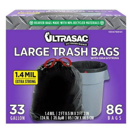 Ultrasac - Drawstring Trash Bags  33 Gallon  1.4 Mil  24  x 9.5   Black  86 Count