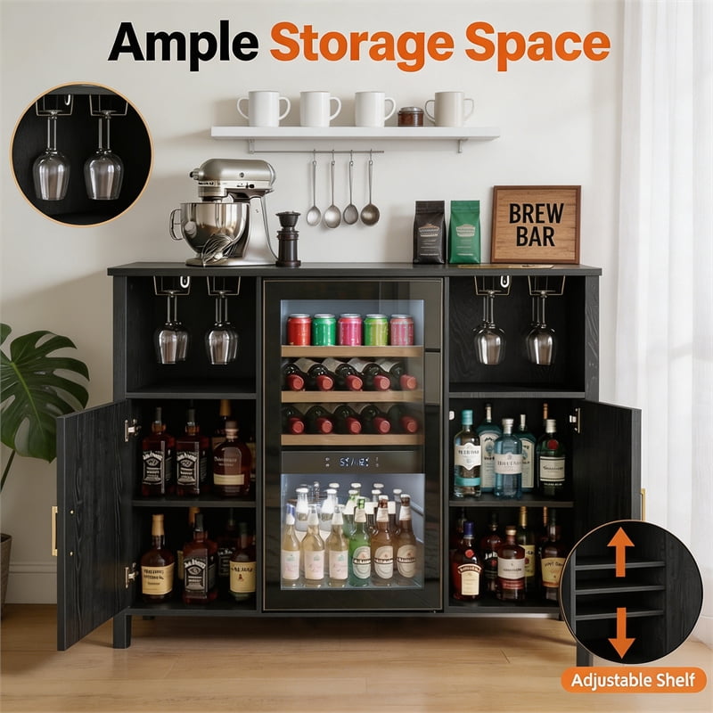 53" Black Engineered Wood Wine Bar Cabinet with Mini Fridge Space & Power Outlets