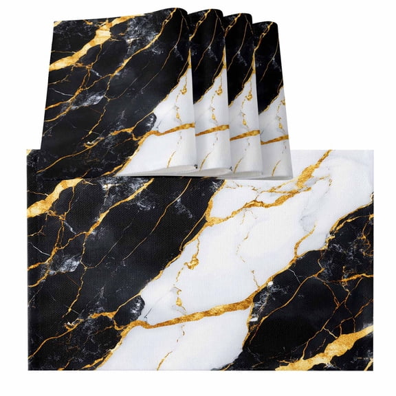 Black Marble Placemats for Dinning Table Set of 6, Luxury Gold White Abstract Cracks Artwork Burlap Kitchen Place Mats Waterproof Cloth Table Mats, Indoor Outdoor Placemats Easy Clean Dinner Decor