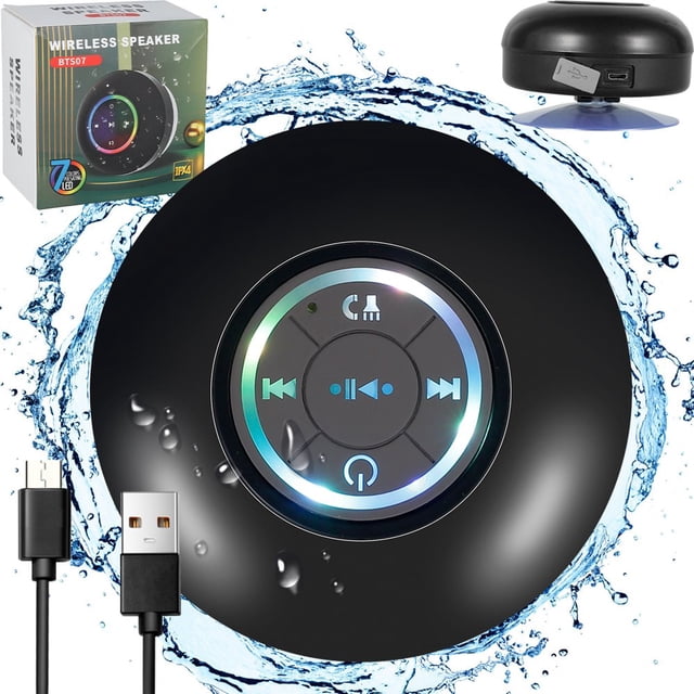 Haut-parleur de Douche Bluetooth Étanche IPX4 Haut-Parleur Bluetooth avec Ventouse Haut-Parleur Bluetooth 5.0 Portable avec Lumière DEL Colorée Micro pour Téléphone Tablette
