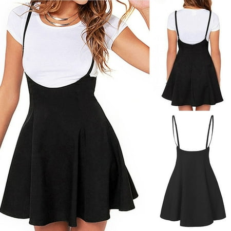 Fashion Women Mini Swing Dress Suspender Skirt Strappy Black Adjustable Strap Pleated Skater Skirts