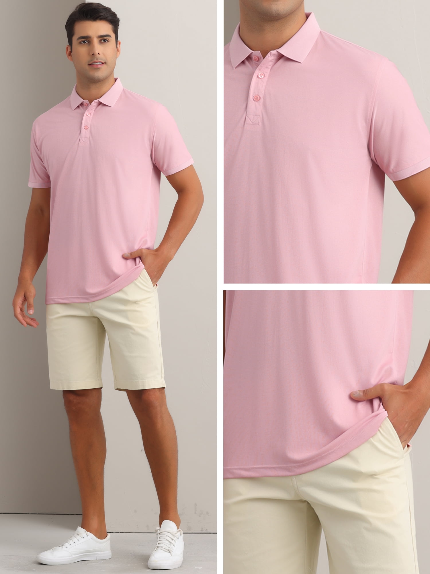 DARING DIVA Men's Solid Stretch Short Sleeve Slim Fit Golf Shirt M Pink