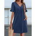 thumbnail image 4 of Summer Dresses for Women Ruffle Short Sleeve V Neck Casual Shift Dress with Pockets Navy Blue S, 4 of 8