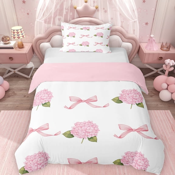 Erosebridal Garden Hydrandrea Flower Twin Bedding for Girls, Kawaii Pink Bow-Tie Duvet Cover Set, Pink Reversible 2pcs, 1 Duvet Cover and 1 Pillowcase, No Comforter