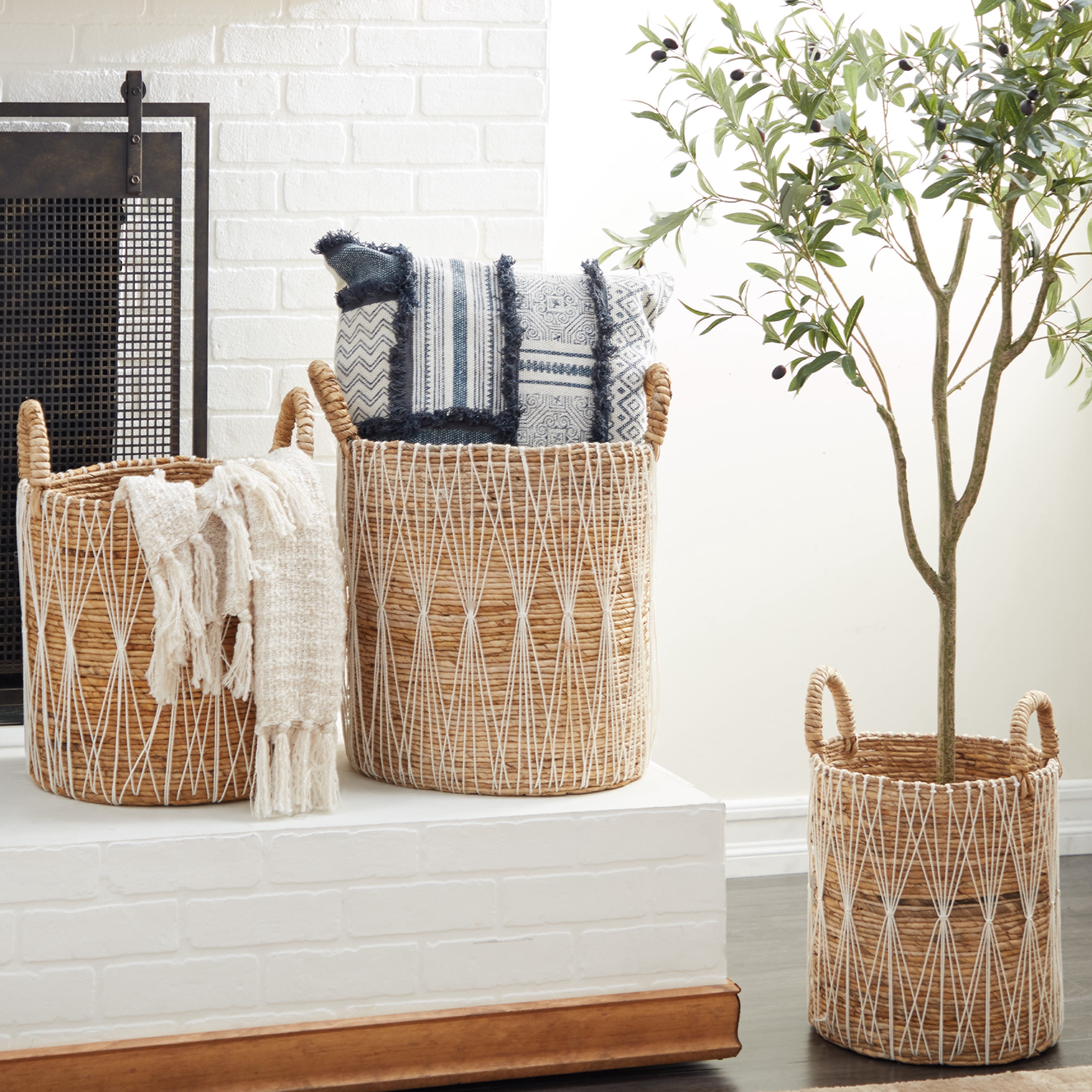 DecMode Bohemian Banana Leaf Storage Basket, 21", 19", 17"H, Brown, 3 - Pieces