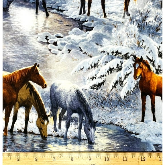 1/2 Yard - Horses & Pony Snowy Scene Cotton Fabric (Great for Quilting, Sewing, Craft Projects, Throw Pillows & More) 1/2 Yard X 44" Wide