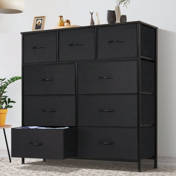 Tall 9 Drawer Fabric Storage Dresser with Wood Top, Steel Frame Organizer Chest with Easy Pull Handles, Fabric Storage Tower for Bedroom Entryway Hallway Closet