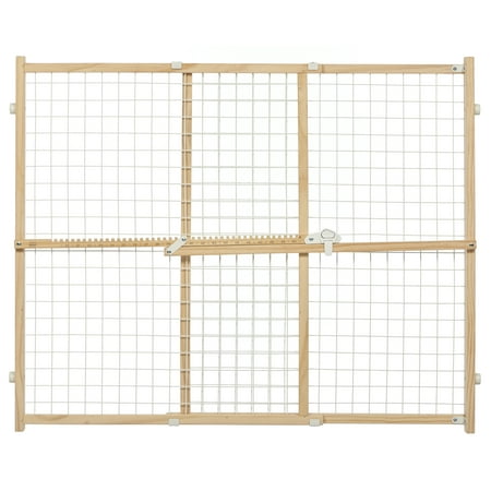 MidWest Homes for Pets Wire Mesh Pet Safety Gate  Pressure Mounted Dog Gate Measures 32 Inches Tall & Expands to 29-50 Inches Wide  Natural Wood & White Powder Coated Wire Mesh