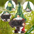 thumbnail image 1 of Estatua de gnomo de jardín, estatua de resina de bienvenida de sombrero verde con luces LED solares, figuritas de jardín para decoraciones de jardín de gnomos, LingWen 8390611081898, 1 of 1